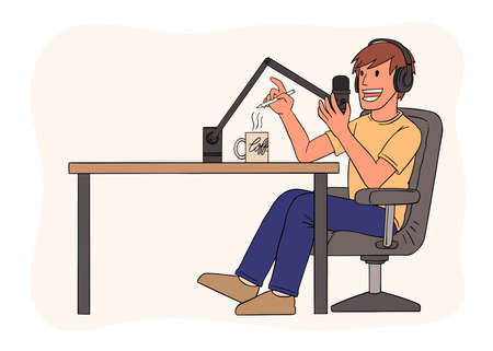 Illustration of a joyful male Podcaster talking to a microphone. Flat style vector illustration.のイラスト素材
