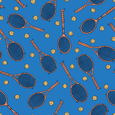 Tennis racket doodle seamless pattern. Cartoon illustration vector illustration background. For print, textile, web, home decor, fashion, surface, graphic designのイラスト素材