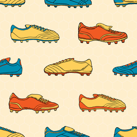Retro Football boots doodle seamless pattern. Cartoon illustration vector illustration background. For print, textile, web, home decor, fashion, surface, graphic designのイラスト素材