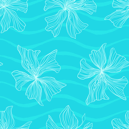 Abstract hand drawn Hibiscus floral seamless pattern. Vector repeat pattern illustration.のイラスト素材