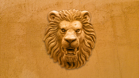 Orange Lion head statue on orange wallの写真素材
