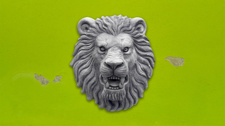 Grey Lion head statue on green wallの写真素材