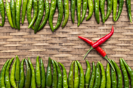 Fresh green chilli paste on bamboo background. Thai spices.  Close up top view.の写真素材