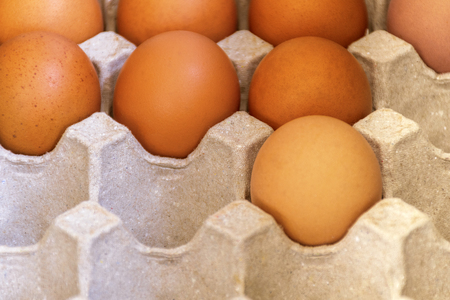 Poultry fresh brown eggs on paper tray. Fresh Eggs from Farm. Healthy food breakfast cooking conceptの写真素材