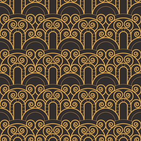 Art Deco seamless luxury geometric pattern. Golden lined shape. Vector Leaves stylish background. Abstract sea shell illustration.のイラスト素材
