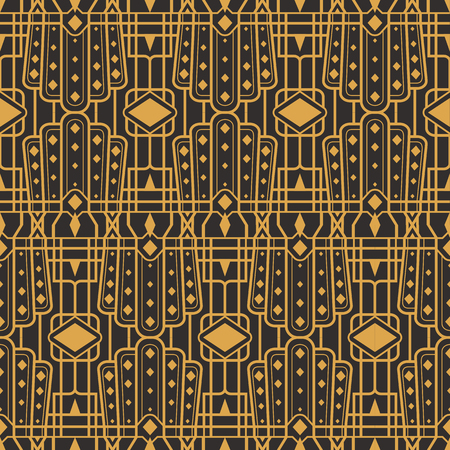 Art Deco seamless luxury geometric pattern. Golden lined shape. Vector Leaves stylish background. Abstract sea shell illustration.のイラスト素材