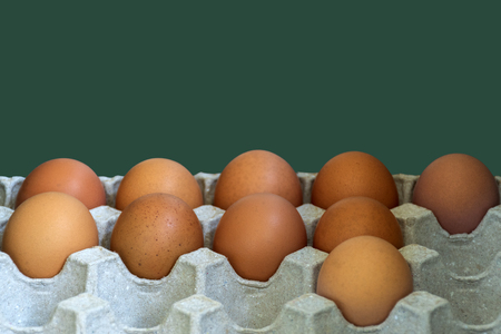 Poultry fresh brown eggs on paper tray. Fresh Eggs from Farm. Healthy food breakfast cooking conceptの写真素材