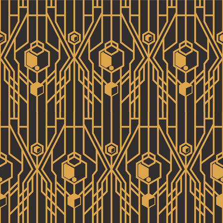 Art Deco seamless luxury geometric pattern. Golden lined shape. Vector Leaves stylish background. Abstract sea shell illustration.のイラスト素材