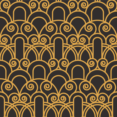 Art Deco seamless luxury geometric pattern. Golden lined shape. Vector Leaves stylish background. Abstract sea shell illustration.のイラスト素材