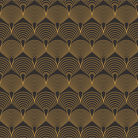 Art Deco seamless luxury geometric pattern. Golden lined shape. Vector Leaves stylish background. Abstract sea shell illustration.のイラスト素材