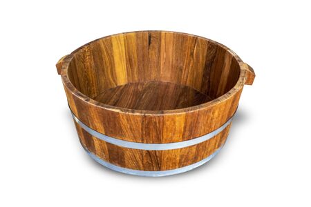 Old brown wooden bucket isolated on white backgroundの写真素材