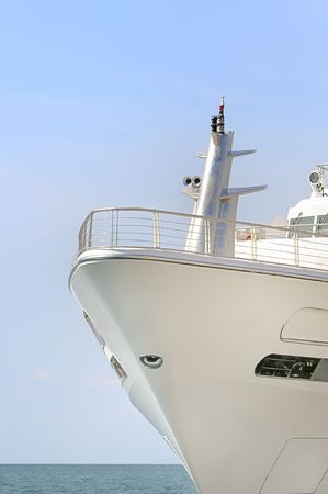 Bow of a white ship with sea in bagckgroundの写真素材