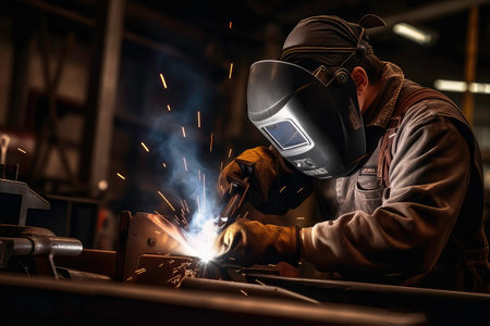 Welder work with the protective mask and glovesの素材