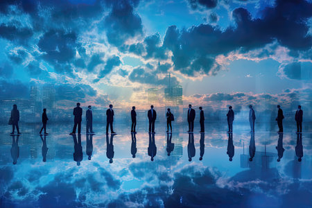 a group of people - silhouettes - in a fantasy place consisting of a mirrored floor where the sky is reflectedの素材
