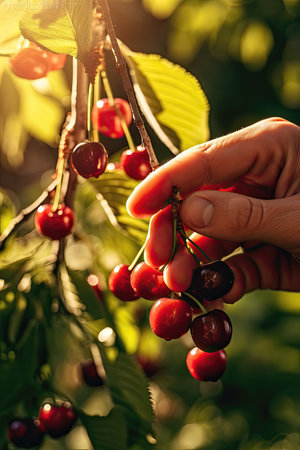 Hand picking cherries from the treeの素材