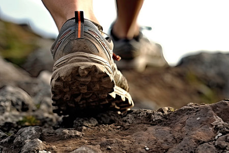 Close-up on hiker feet walking on a rocky trailの素材