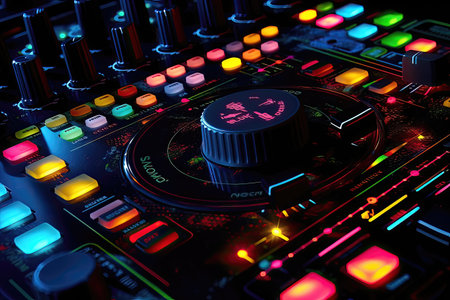 close up of dj mixer with backlit buttons and knobs to setting output musicの素材