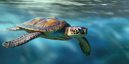 Sea turtle swimming underwater in the blue seaの素材
