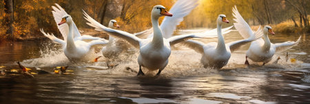 A group of swans taking off from a pondの素材