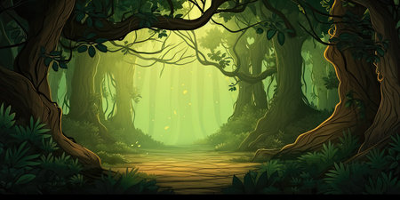 Illustration of a forest with copy space in the centerの素材