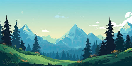 meadow with pines with mountains background and a clear sky, illustrationの素材