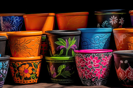 Stacks of colored pots with decorationsの素材