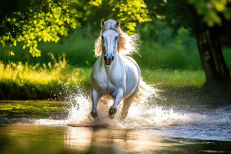 White horses running in a pond, splashing water, with wild backgroundの素材