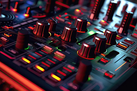 close up of dj mixer with buttons and knobs to setting output musicの素材