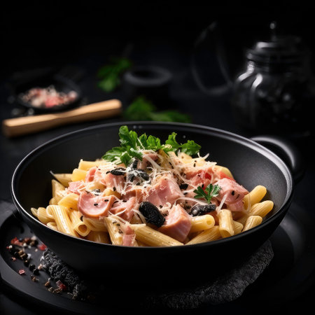 Italian recipe: penne (pasta) with ham and black olivesの素材