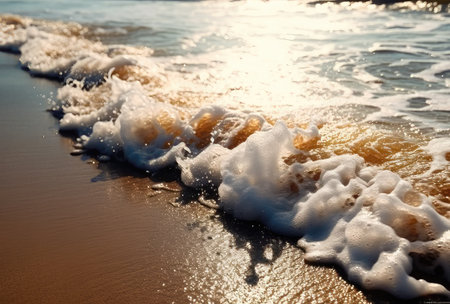 Close up of wave splashing on the sandy beach with foam and sun reflectionの素材
