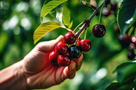 Hand picking cherries from the treeの素材