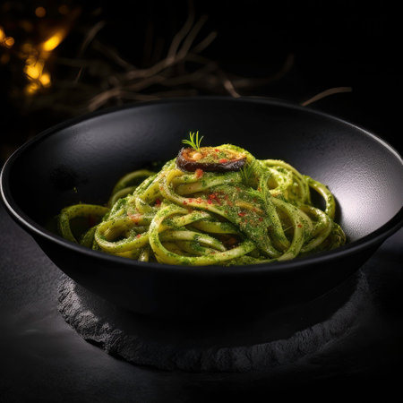 spaghetti with genovese pesto sauce, made with basil, greens, pine nuts, parmesan cheese, pecorino cheese, olive oil, garlic and saltの素材