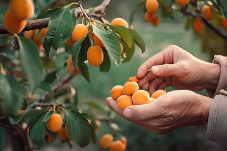 Hands picking apricots from the treeの素材