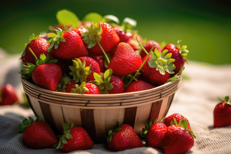 Close-up of a basket full of freshly picked red strawberriesの素材