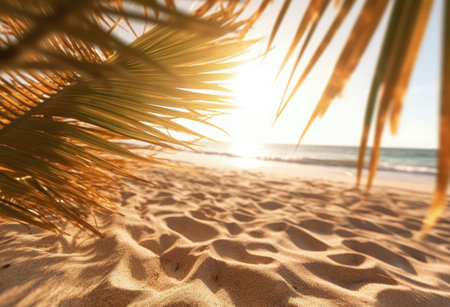 A tropical beach with palm leaves, sea, sky and sun in the backgroundの素材