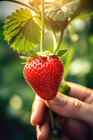 Close-up of hand picking a ripe red strawberryの素材