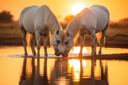 Two horses close to each other, with head together like lovers, drinking in a stunning calm sunset scene with water reflectionsの素材