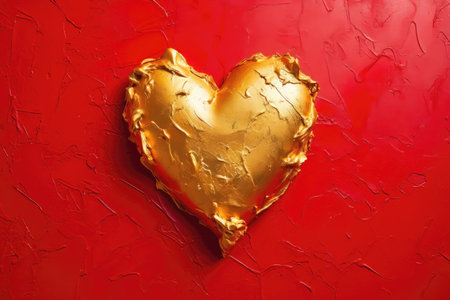 Golden heart on red background, love conceptの素材
