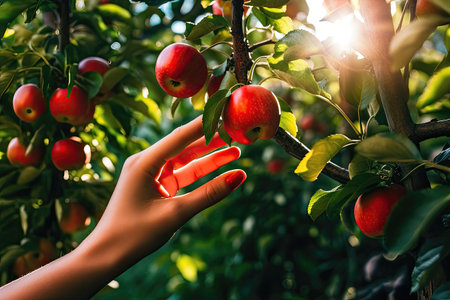 A hand picks a ripe red apple from the treeの素材