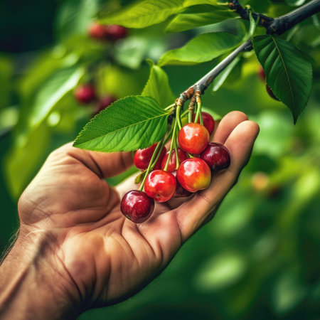 Hand picking cherries from the treeの素材