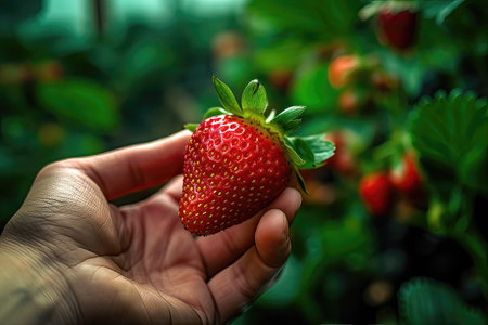 Close-up of hand picking a ripe red strawberryの素材