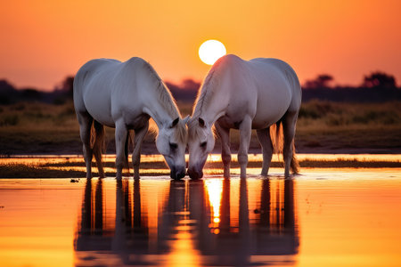 White horses with head together drinking water, sunset sceneの素材