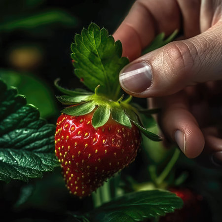 Close-up of hand picking a ripe red strawberryの素材