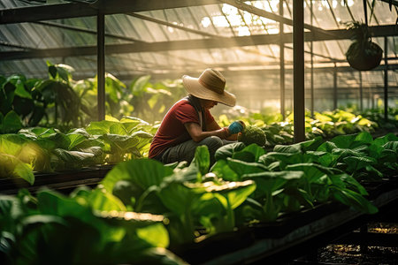 Squatted woman with a bid straw hat handling plant in a glasshouse,sunlight raysの素材