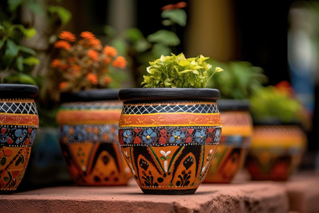Close-up of beautiful pots, decorated and painted, with plantsの素材