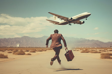 A business man running but the airplane is just taken off, conceptua imageの素材