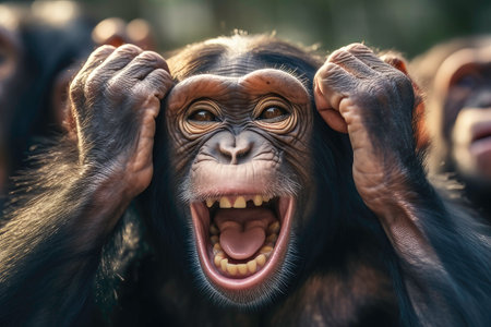 Desperate chimpanzee with hands on its headの素材
