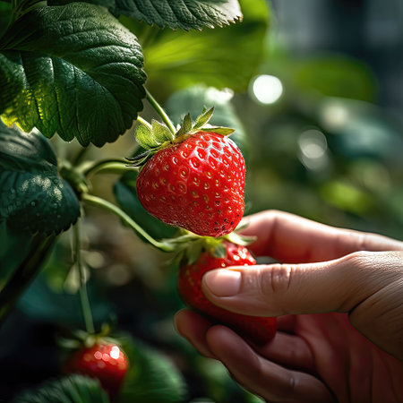 Close-up of hand picking red strawberriesの素材