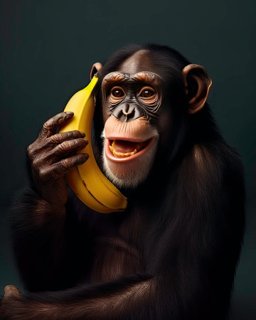 "Hello?" Chimpanzee using banana phone: funny skit that is useful as conceptual imageの素材