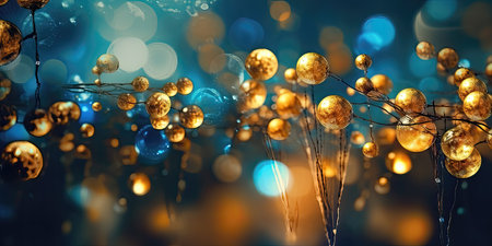 Abstract decoration with golden balls and a blurred blue background, useful as wallpaper, background, also for Christmasの素材